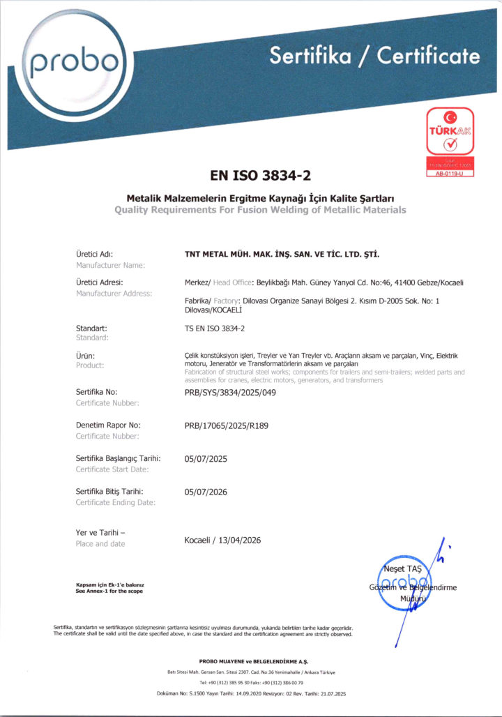 EN ISO 3834-2 sertifikası