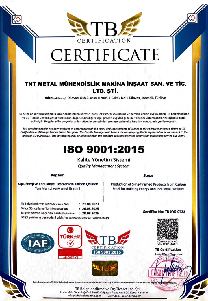 ISO 9001:2015 sertifikası